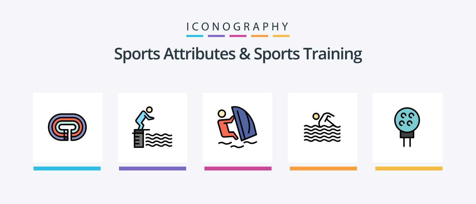 Los atributos deportivos y la línea de entrenamiento deportivo llenaron un paquete de 5 iconos, incluido el atlético. nadar. puerta. nadar. actividad. diseño de iconos creativos vector