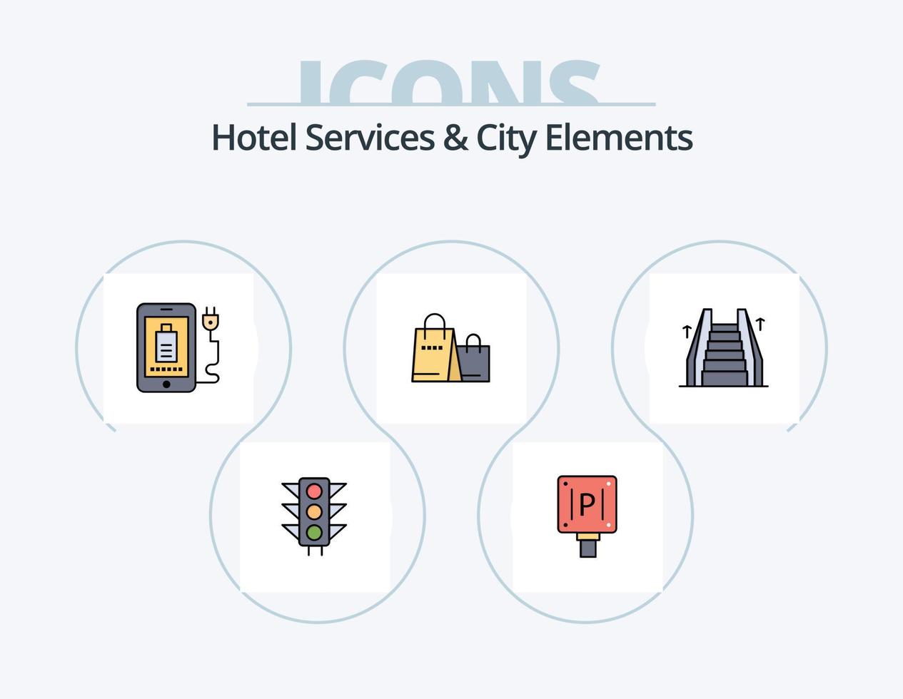 servicios de hotel y elementos de la ciudad línea llena de iconos paquete 5 diseño de iconos. botones. camino. hotel . luz. tráfico vector