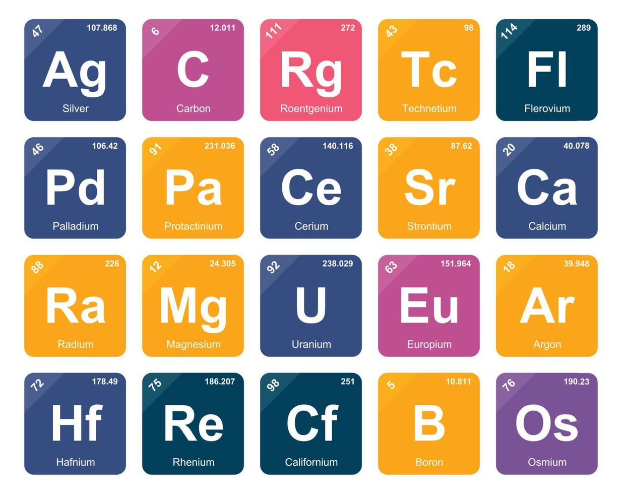 diseño de paquete de iconos de 20 tablas preiodicas de los elementos vector