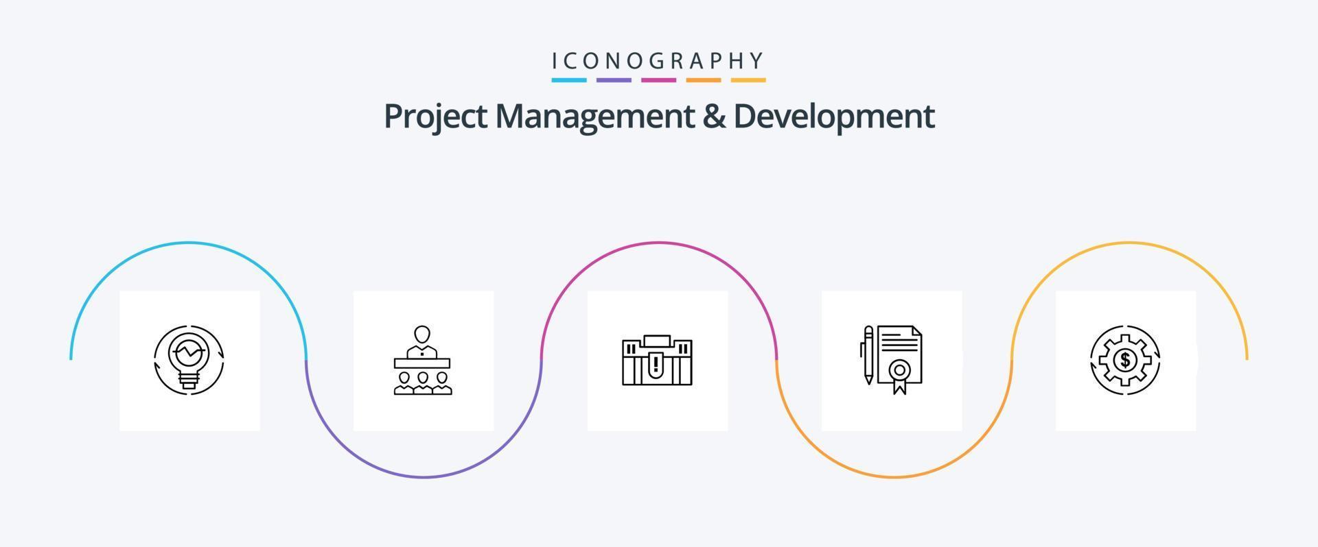 Project Management And Development Line 5 Icon Pack Including travel. portfolio. team. holding. business vector