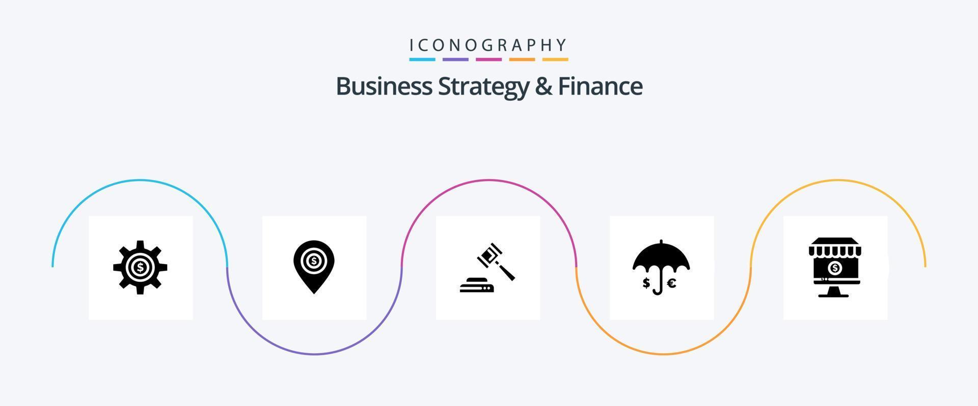 Business Strategy And Finance Glyph 5 Icon Pack Including insurance . law. map . hammer . vector