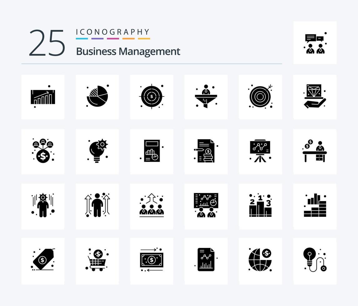 Business Management 25 Solid Glyph icon pack including business. business. goals. arrow. filter vector