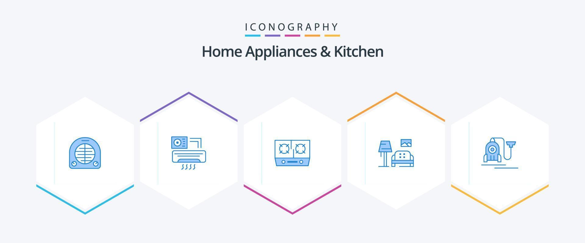 Home Appliances And Kitchen 25 Blue icon pack including machine. gallery. stove. sofa. lump vector