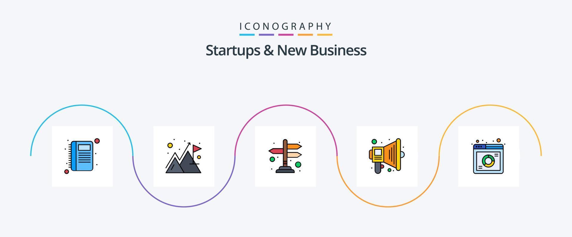 Startups And New Business Line Filled Flat 5 Icon Pack Including web. analysis. direction. speaker. marketing vector