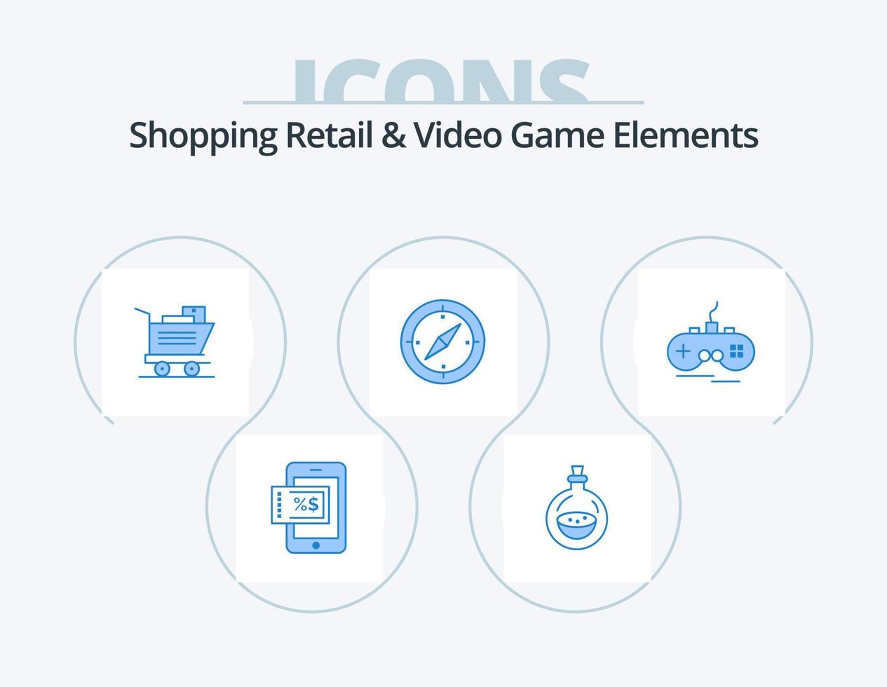 Shoping Retail And Video Game Elements Blue Icon Pack 5 Icon Design. gamepad. wireless. shopping. joystick. compass vector