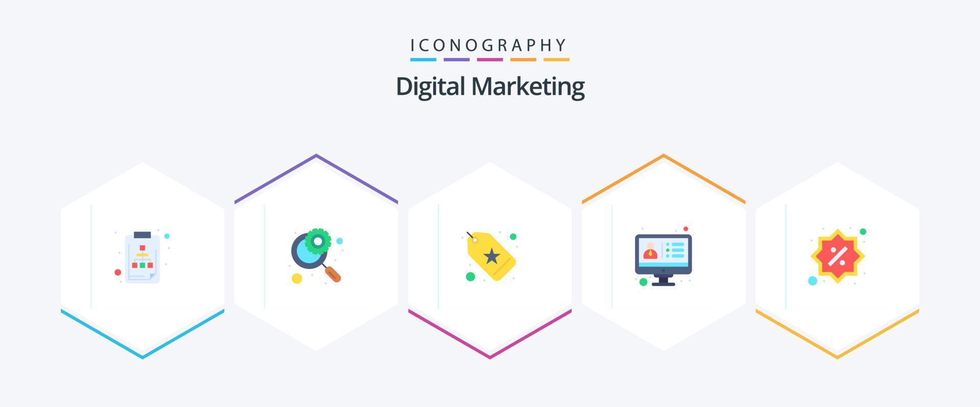 Digital Marketing 25 Flat icon pack including offer. software. favorite. crm software. app vector