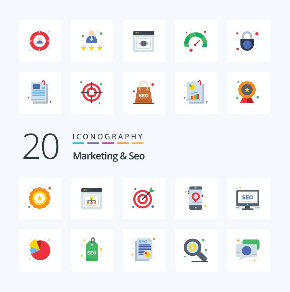 Paquete de 20 iconos de color plano de marketing y seo como monitor seo seo móvil de escritorio vector