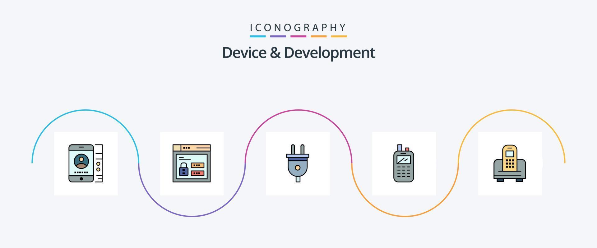 el dispositivo y la línea de desarrollo llenaron el paquete de iconos planos 5, incluido el móvil. inalámbrico. eléctrico. receptor. teléfono vector