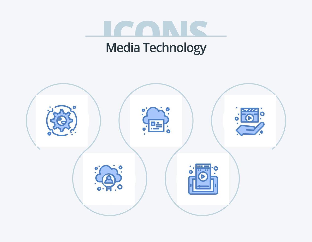 tecnología de medios icono azul paquete 5 diseño de iconos. película. nube. preferencias imprimir. en línea vector