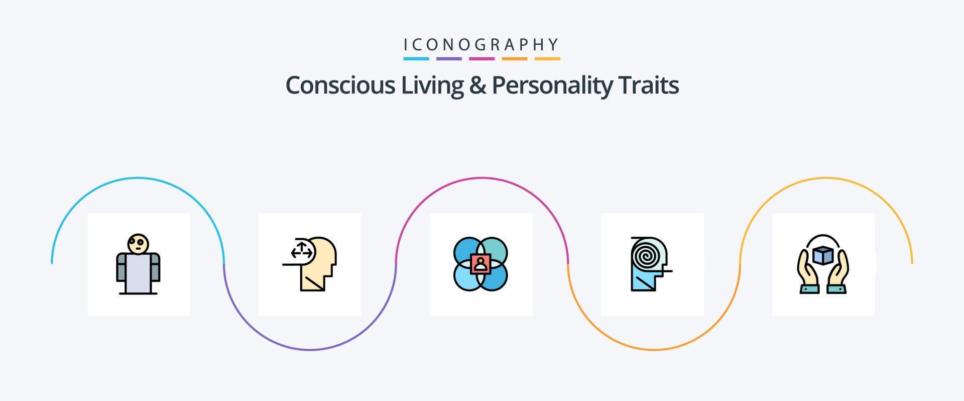 Concious Living And Personality Traits Line Filled Flat 5 Icon Pack Including study. definition. character. comprehension. person vector