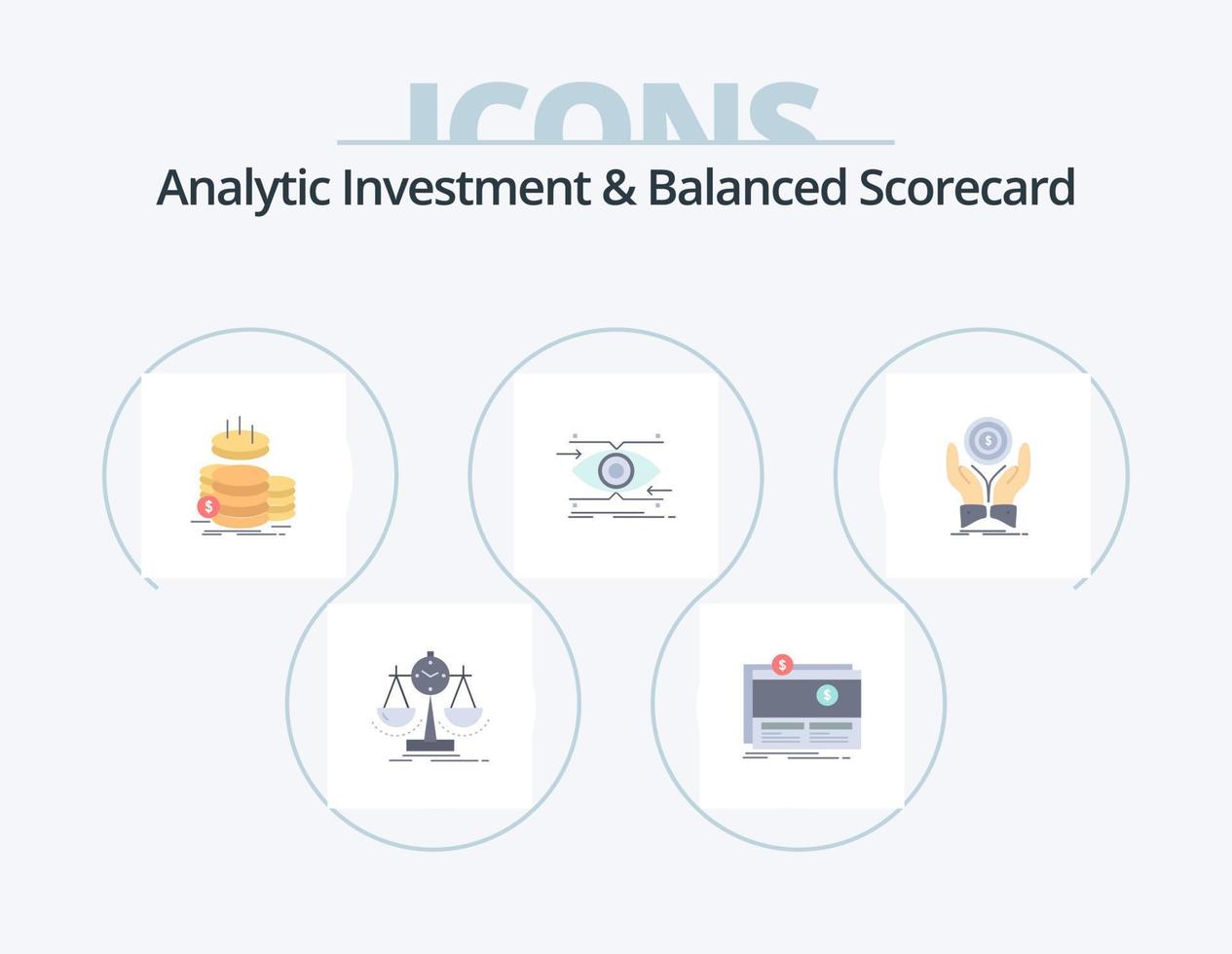 Analytic Investment And Balanced Scorecard Flat Icon Pack 5 Icon Design. focus. attention. platform. savings. gold vector