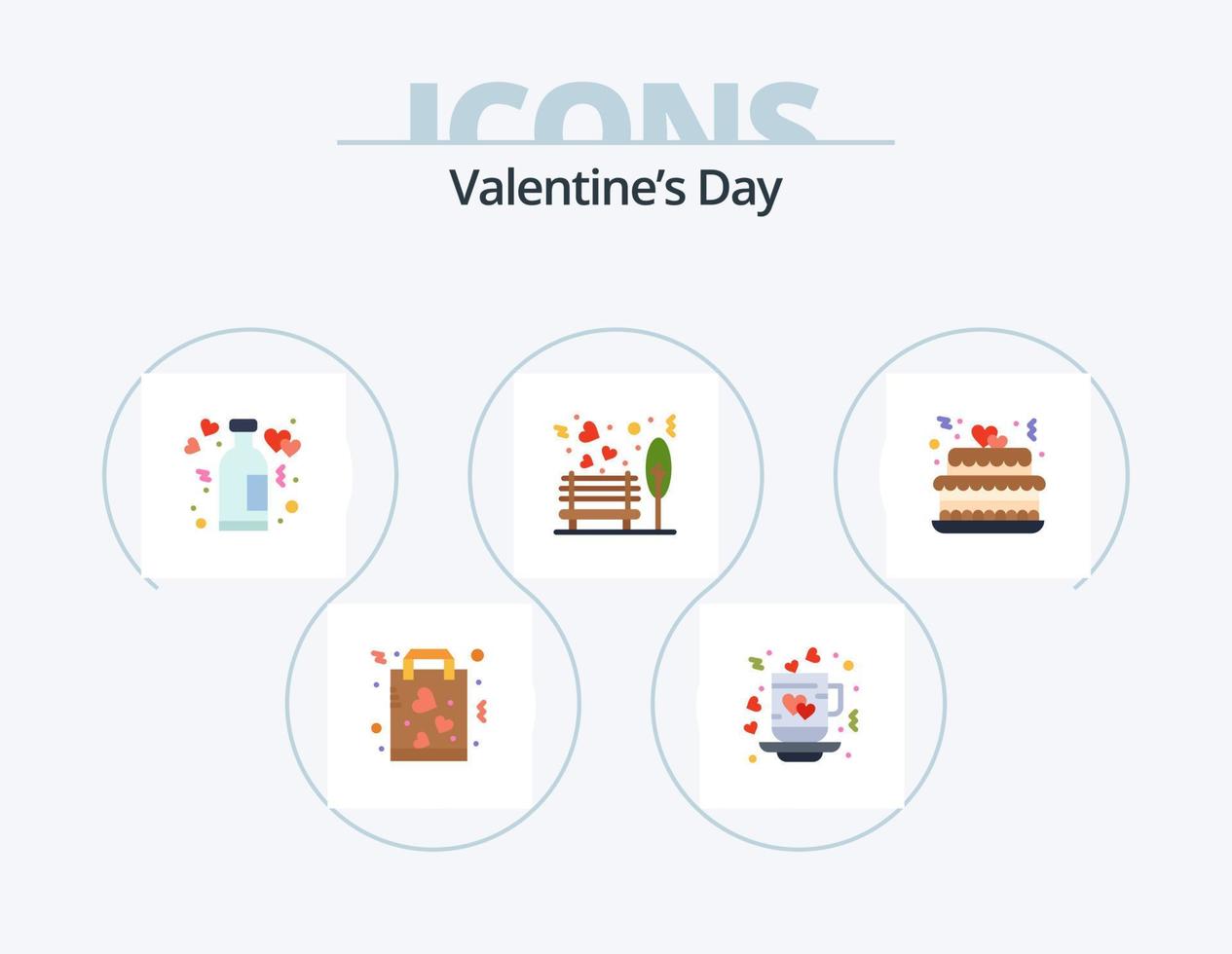 Valentines Day Flat Icon Pack 5 Icon Design. outdoor. bench. tea. wine. love vector