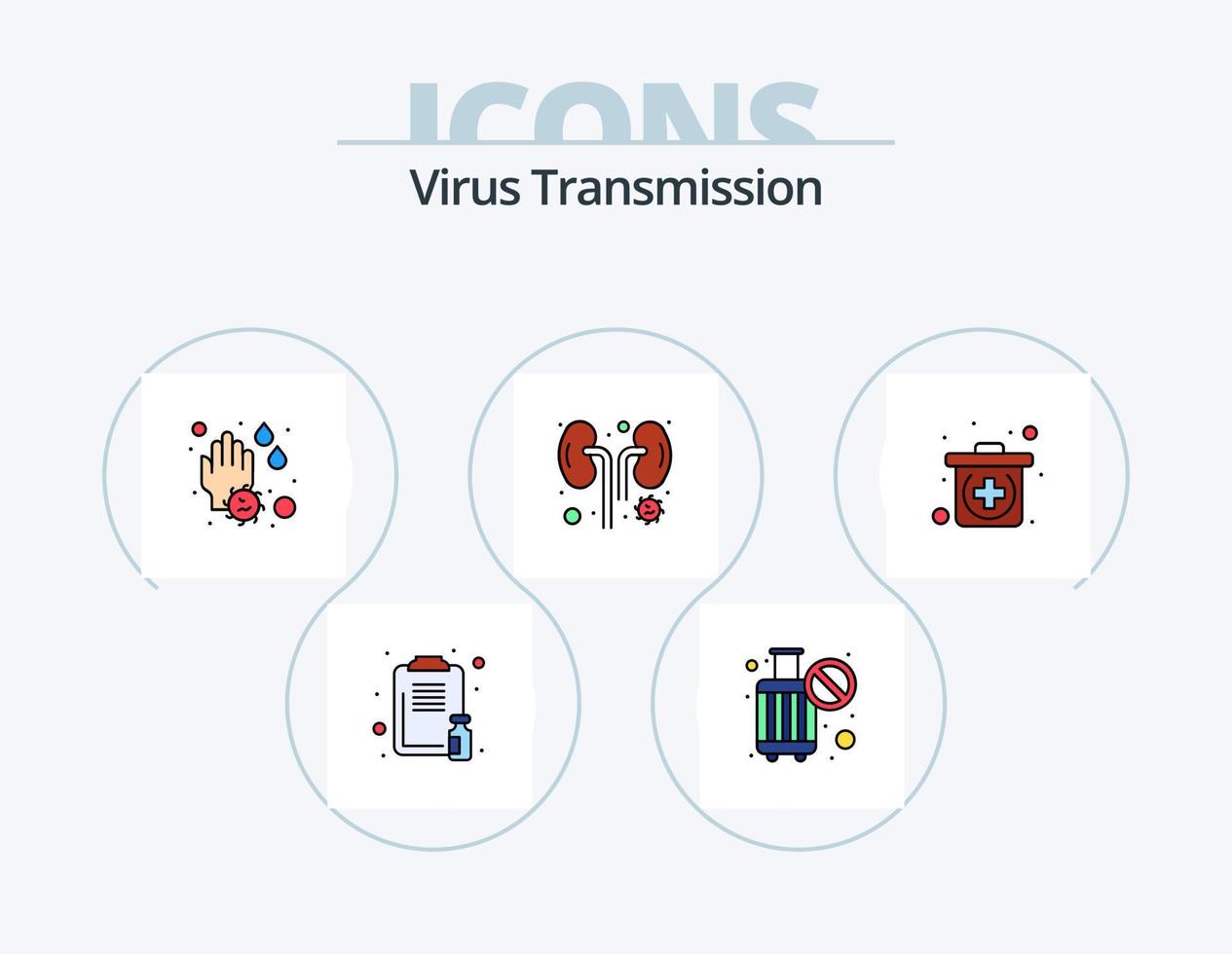 paquete de iconos lleno de línea de transmisión de virus 5 diseño de iconos. incidente. vacuna. objetivo. jeringuilla. drogas vector