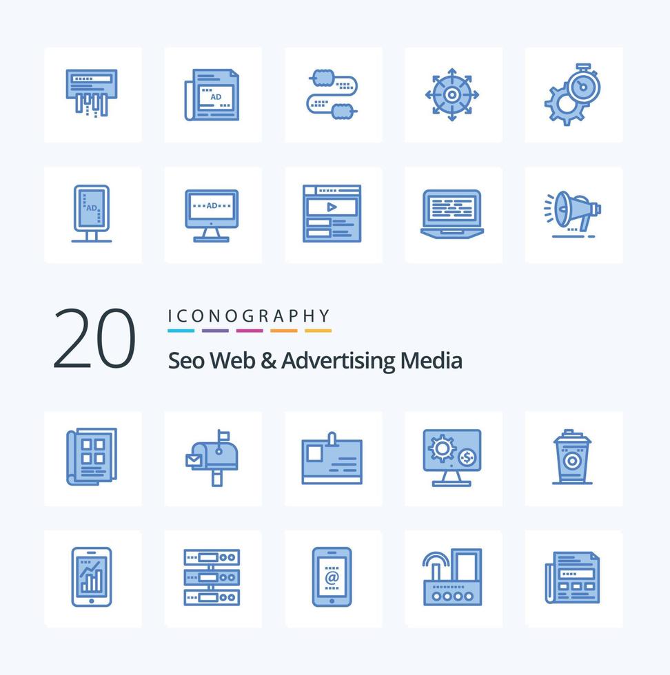 20 Seo Web And Advertising Media Blue Color icon Pack like gear screen postoffice monitor pass vector