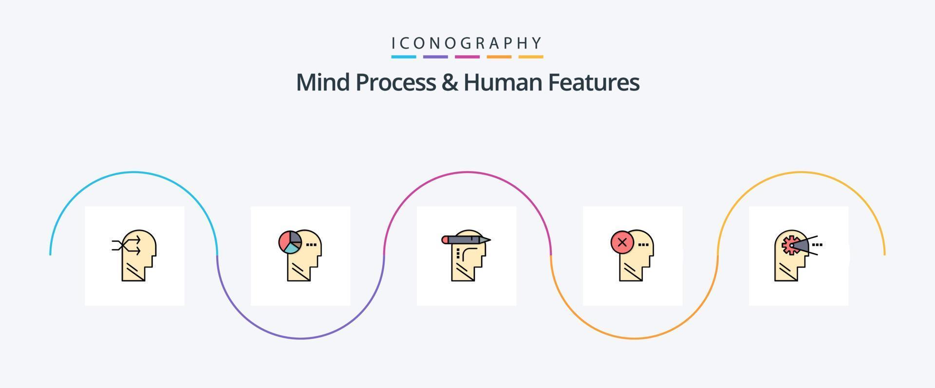 el proceso mental y la línea de características humanas llenaron el paquete de iconos planos 5 que incluye la mente. humano. cabeza. cabeza. cerebro vector