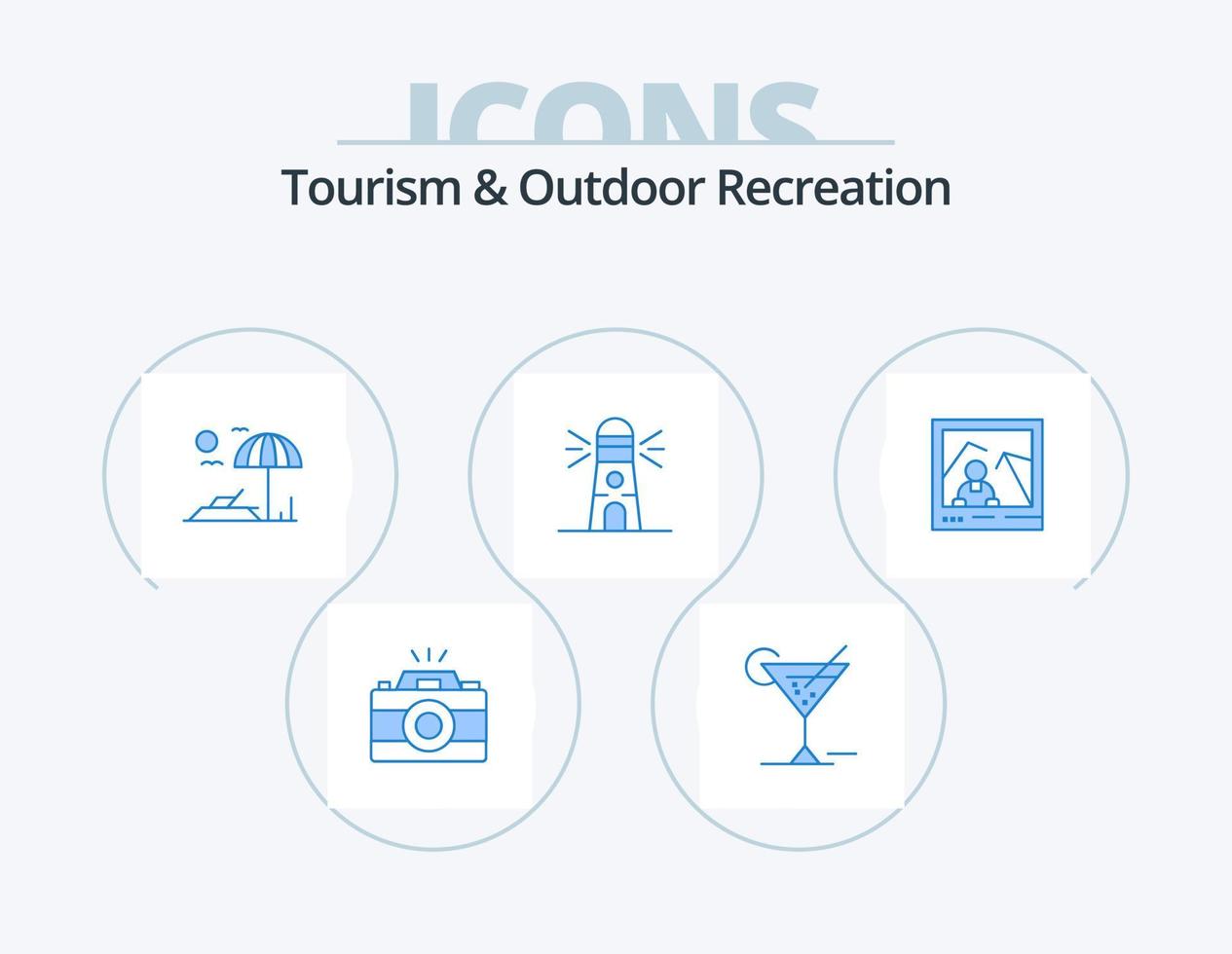 Tourism And Outdoor Recreation Blue Icon Pack 5 Icon Design. landmark. picture. beach. house. building vector