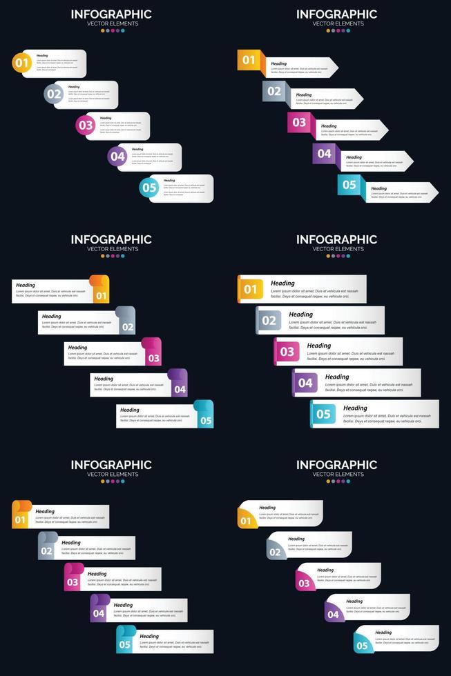 Use Vector 6 Infographics Pack to showcase your business ideas in a professional manner.