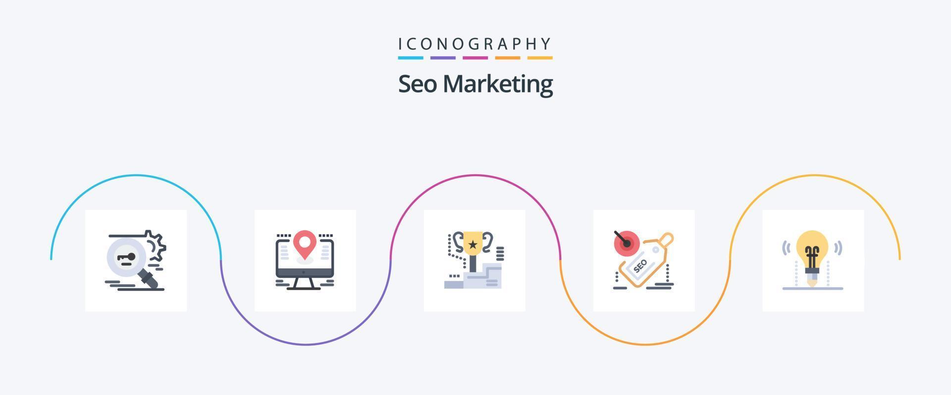 paquete de iconos de 5 planos de marketing seo que incluye destino. etiqueta. LCD. premio. ganador vector