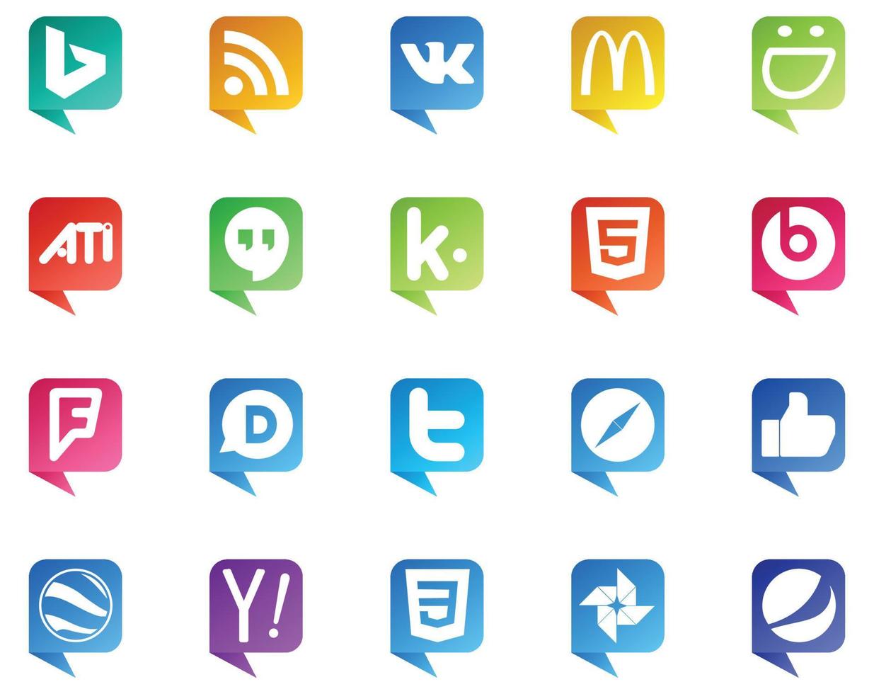 20 logotipos de estilo de burbujas de discurso de redes sociales como navegador google earth html safari twitter vector