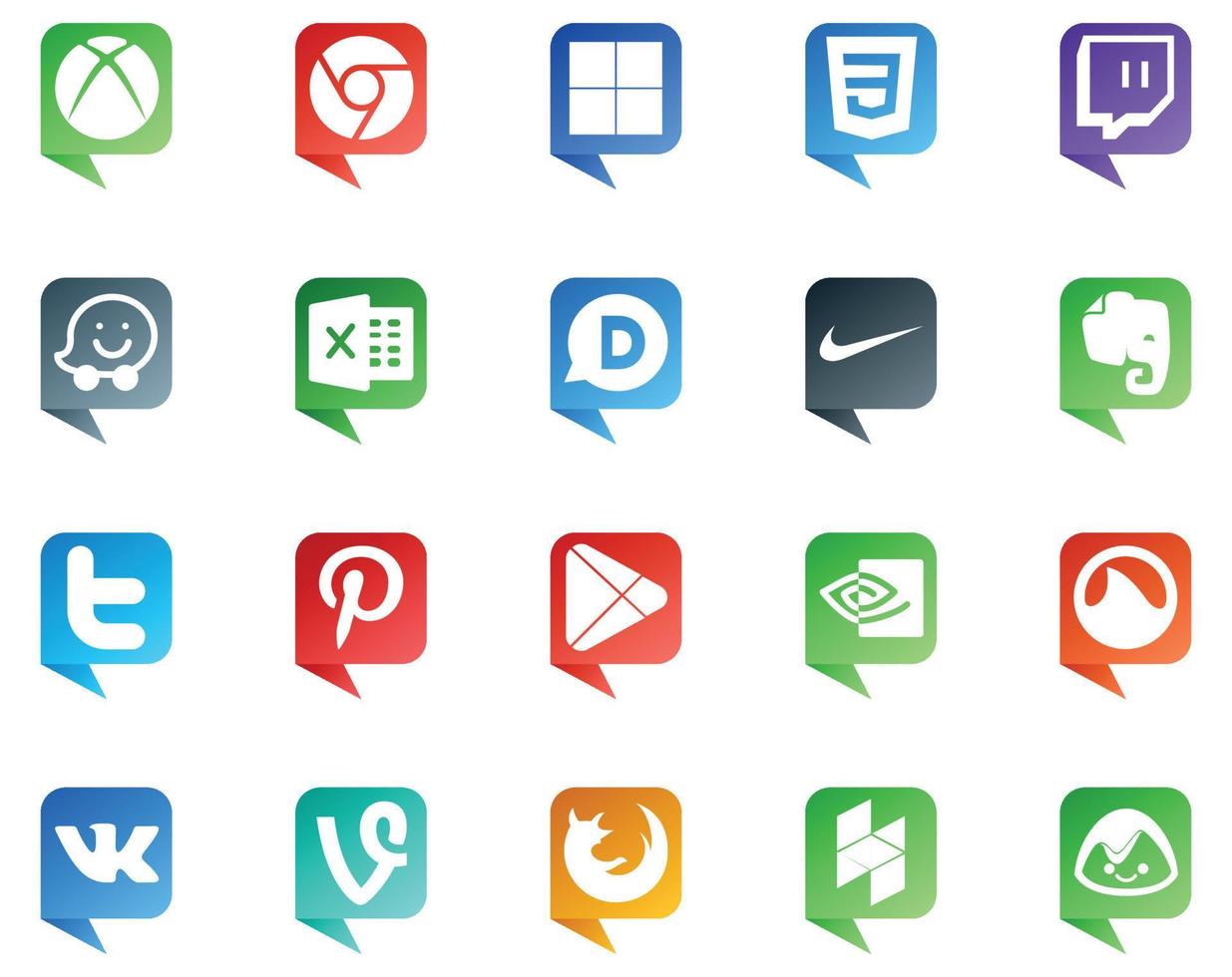 20 logotipos de estilo de burbujas de discurso de redes sociales como vk nvidia nike apps pinterest vector