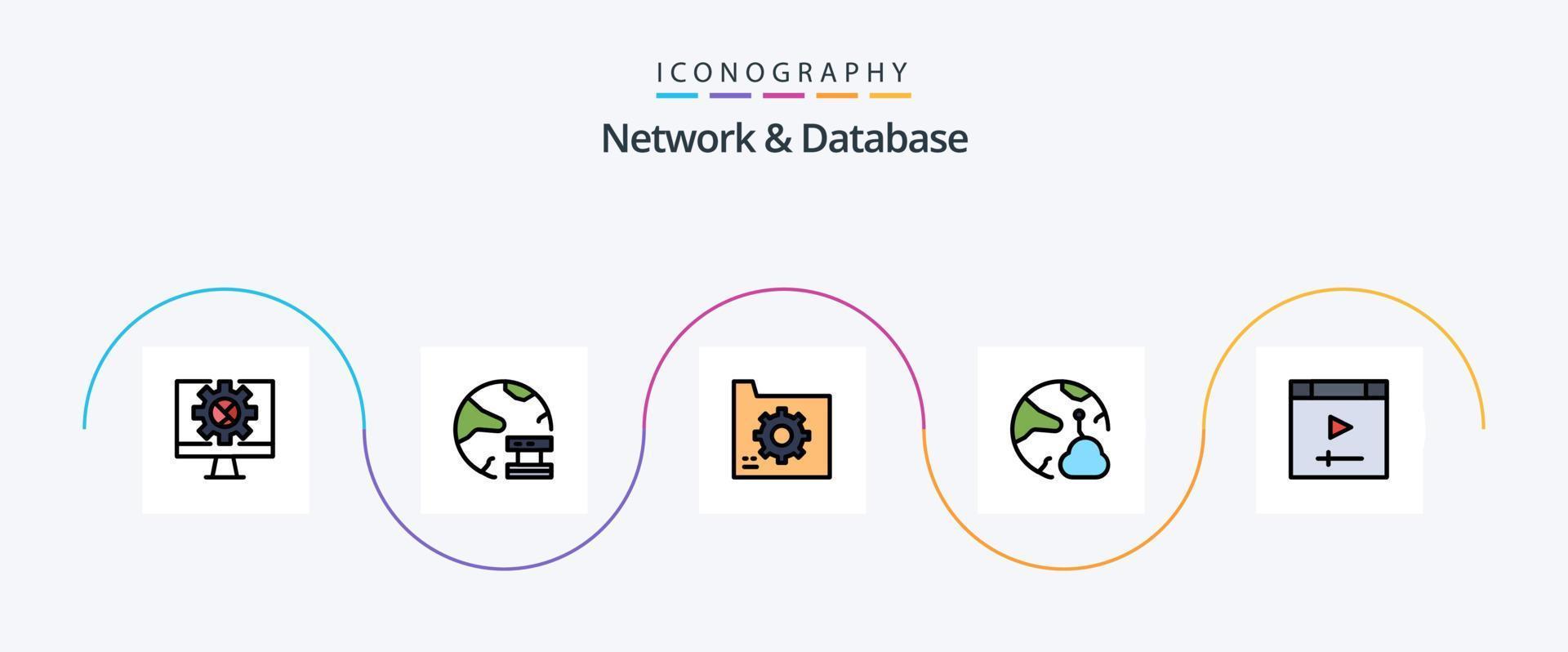 Network And Database Line Filled Flat 5 Icon Pack Including network. cloud. network. file. database vector