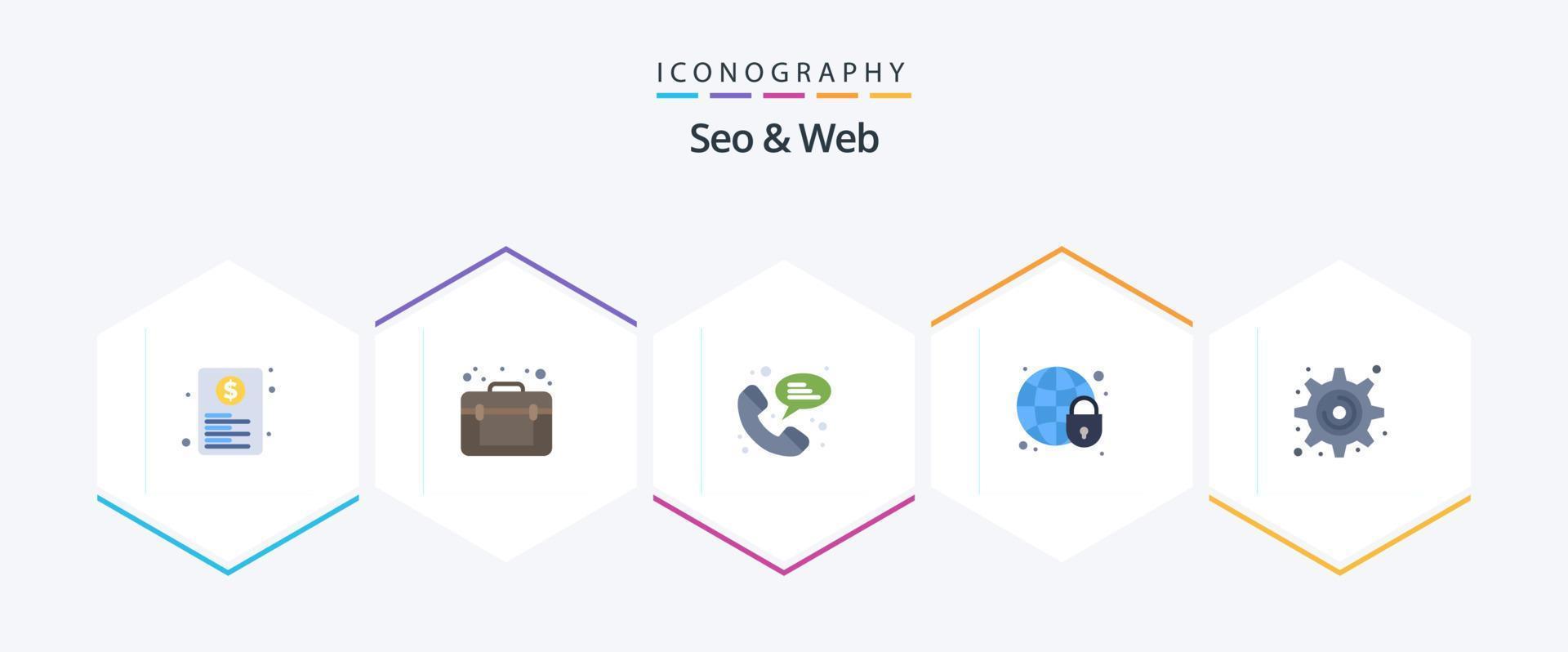 Seo and Web 25 Flat icon pack including gear. globe. web. globe lock. global security vector