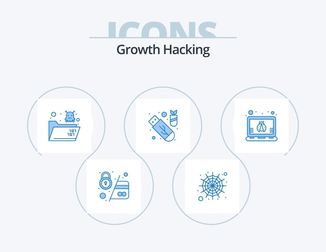 Hacking Blue Icon Pack 5 Icon Design. laptop bug. ddos. crack. bomb. usb vector