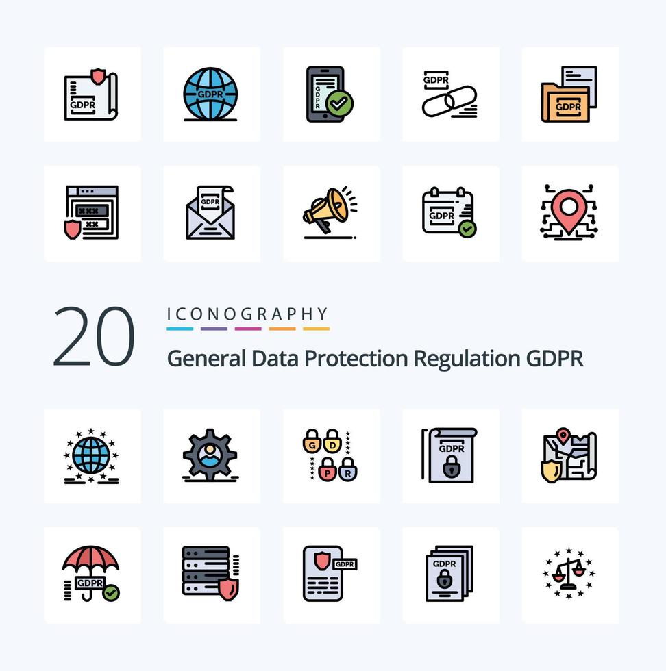 20 Gdpr Line Filled Color icon Pack like map terms man rules gdpr vector