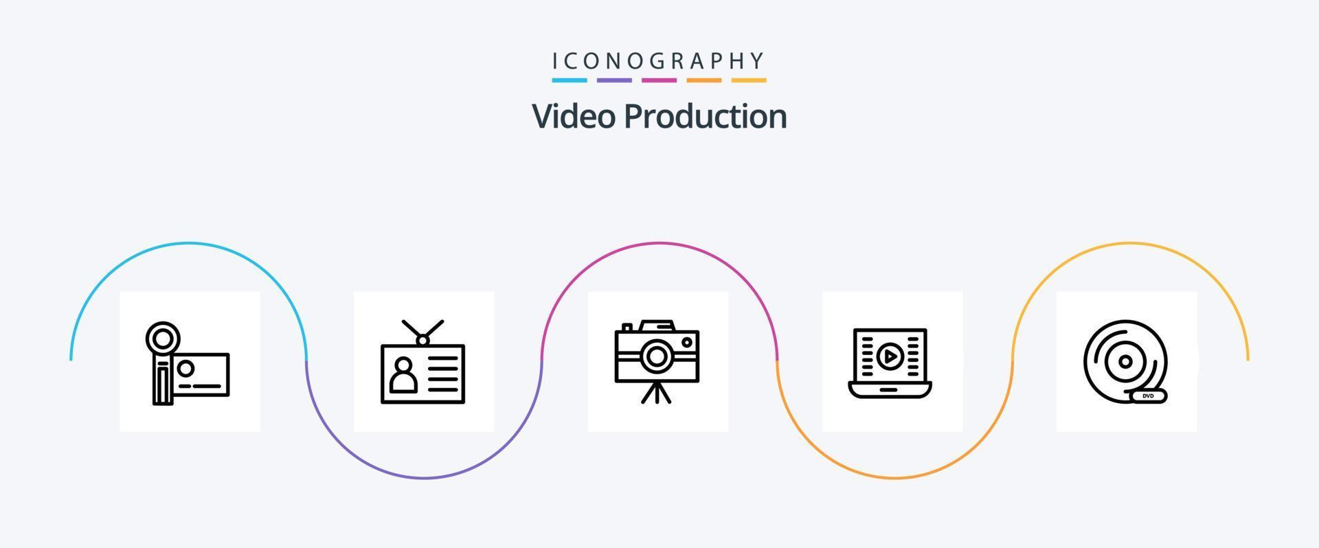 paquete de iconos de la línea de producción de video 5 que incluye el botón de reproducción. reproducción de audio televisión retro. cámara de periodista vector