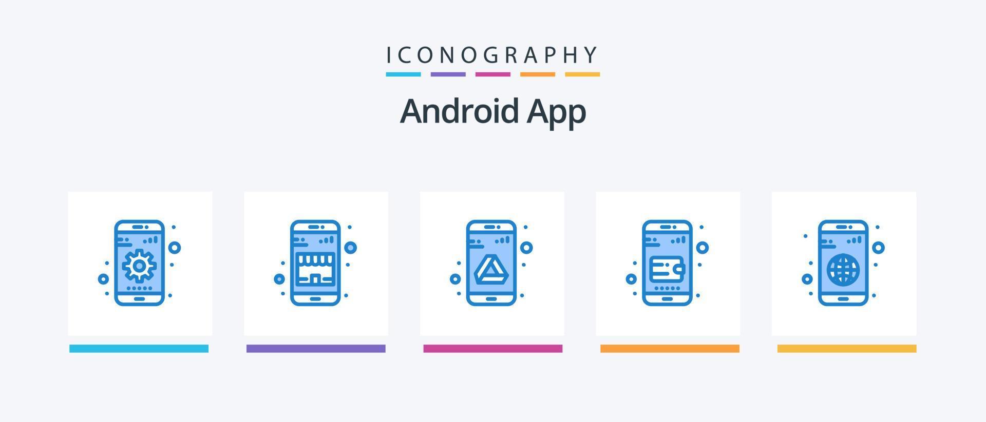 Android App Blue 5 Icon Pack Including globe. app. app. purse. mobile wallet. Creative Icons Design vector