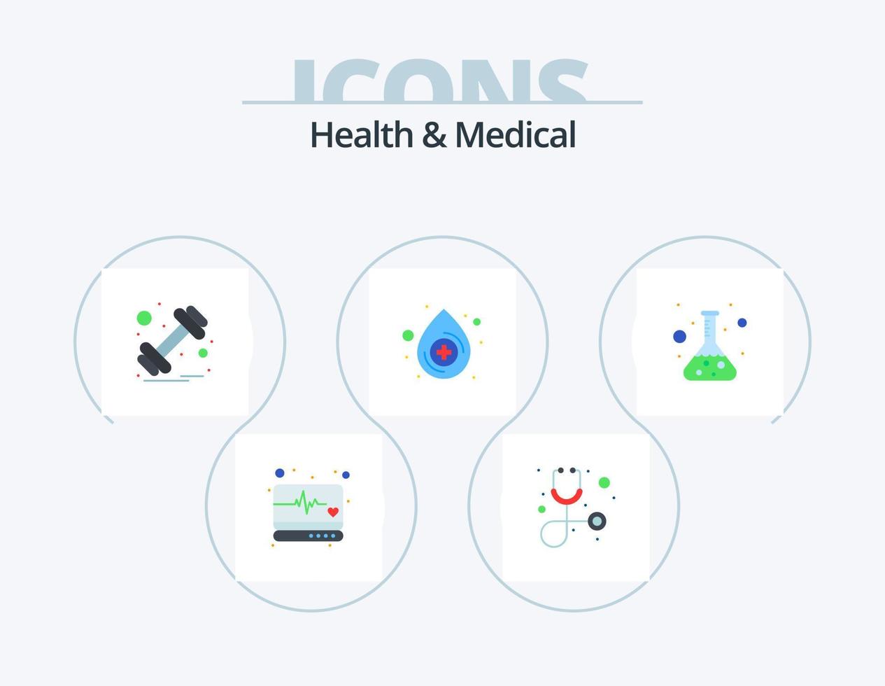Health And Medical Flat Icon Pack 5 Icon Design. test. lab. gym. flask. drop vector