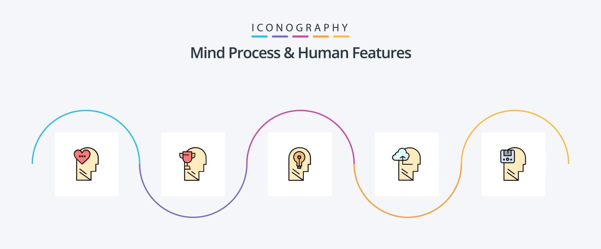 el proceso mental y la línea de características humanas llenaron el paquete de iconos planos 5 que incluye la memoria. mente. negocio. ganar. pensar vector