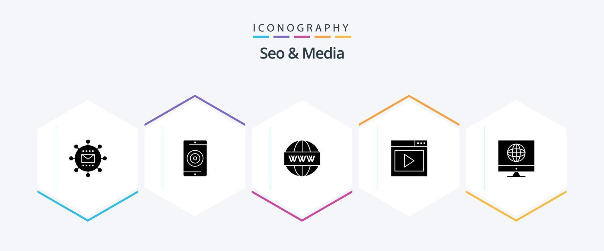 Seo and Media 25 Glyph icon pack including media. interface. optimization. web. search vector