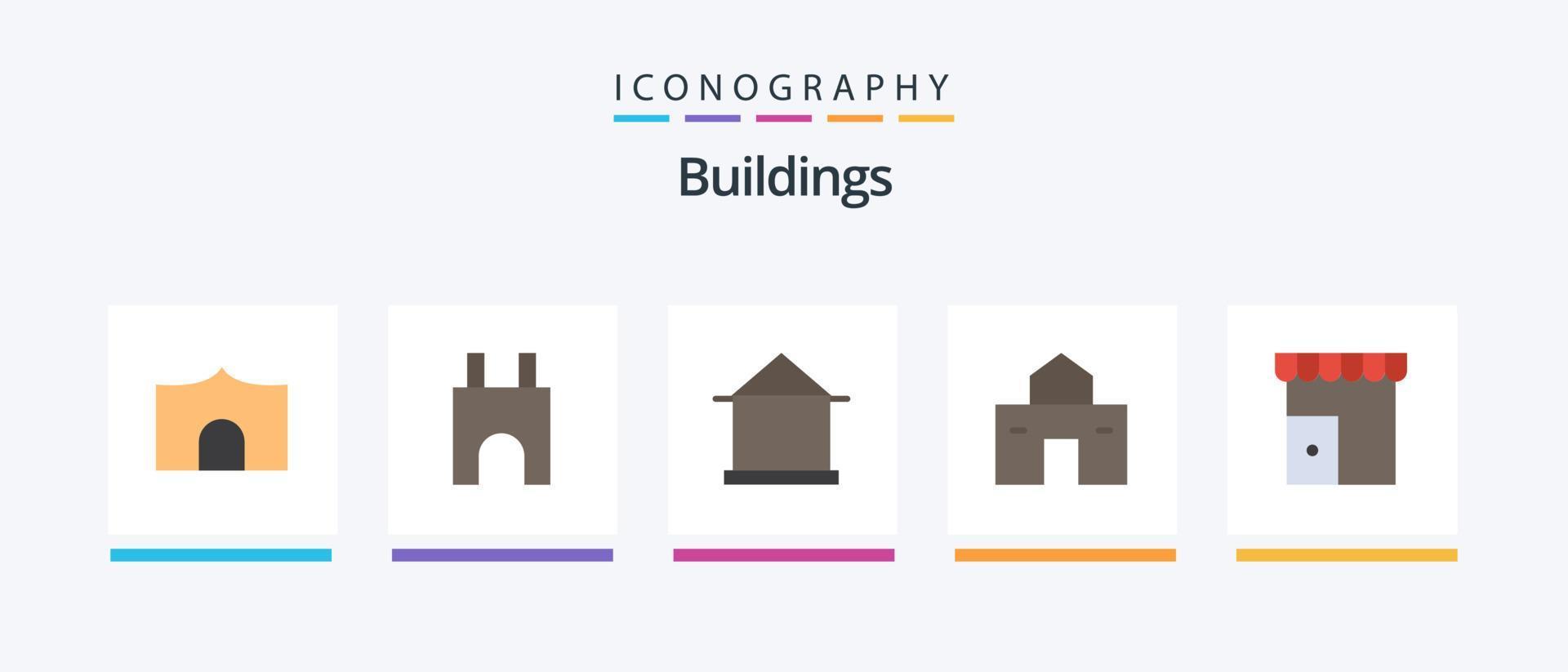 paquete de iconos planos de edificios 5 que incluye. cabaña. almacenar. mercado. diseño de iconos creativos vector