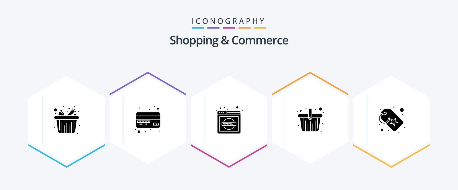Shopping And Commerce 25 Glyph icon pack including sale tag. price tag. network domain. shopping basket. hamper vector