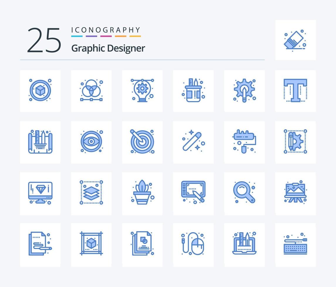 diseñador gráfico 25 paquete de iconos de color azul que incluye maceta. bolígrafo. red. poseedor. ilustración vector