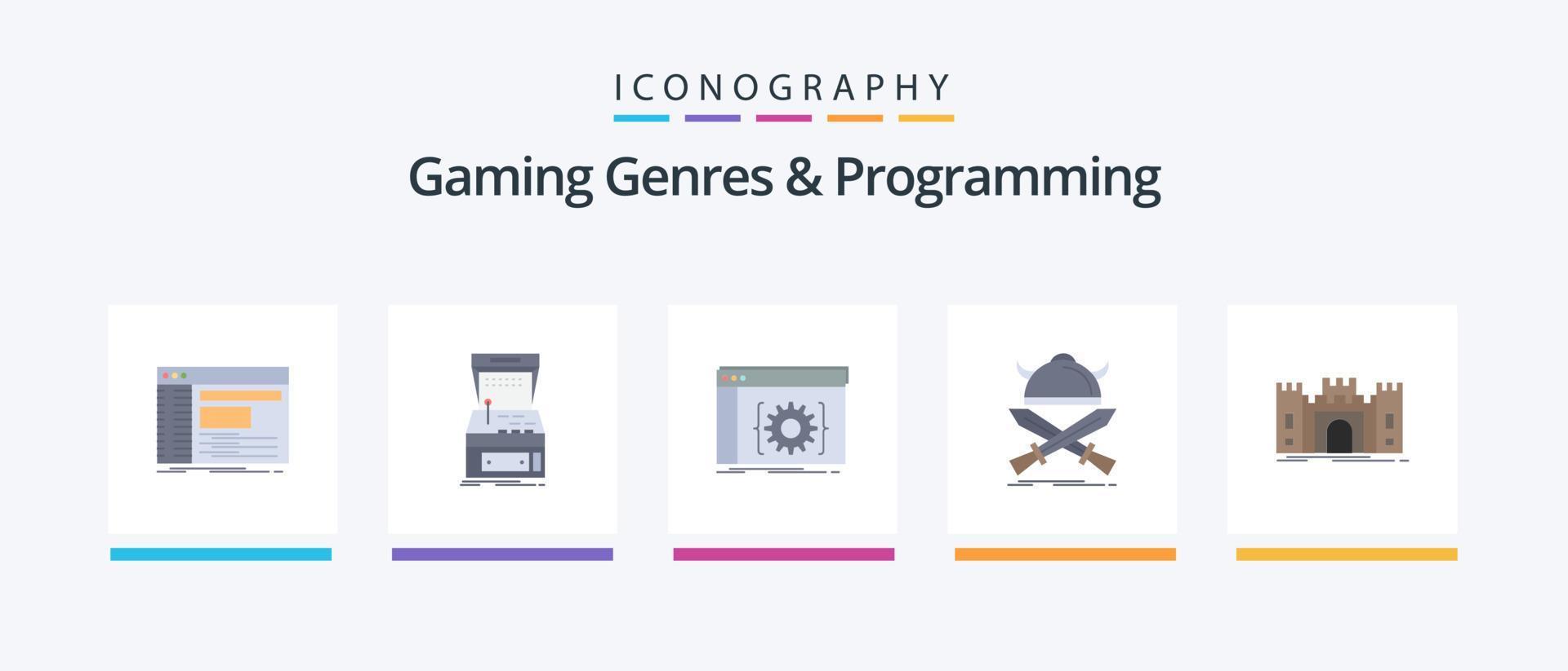 Gaming Genres And Programming Flat 5 Icon Pack Including emblem. software. game. developer. app. Creative Icons Design vector