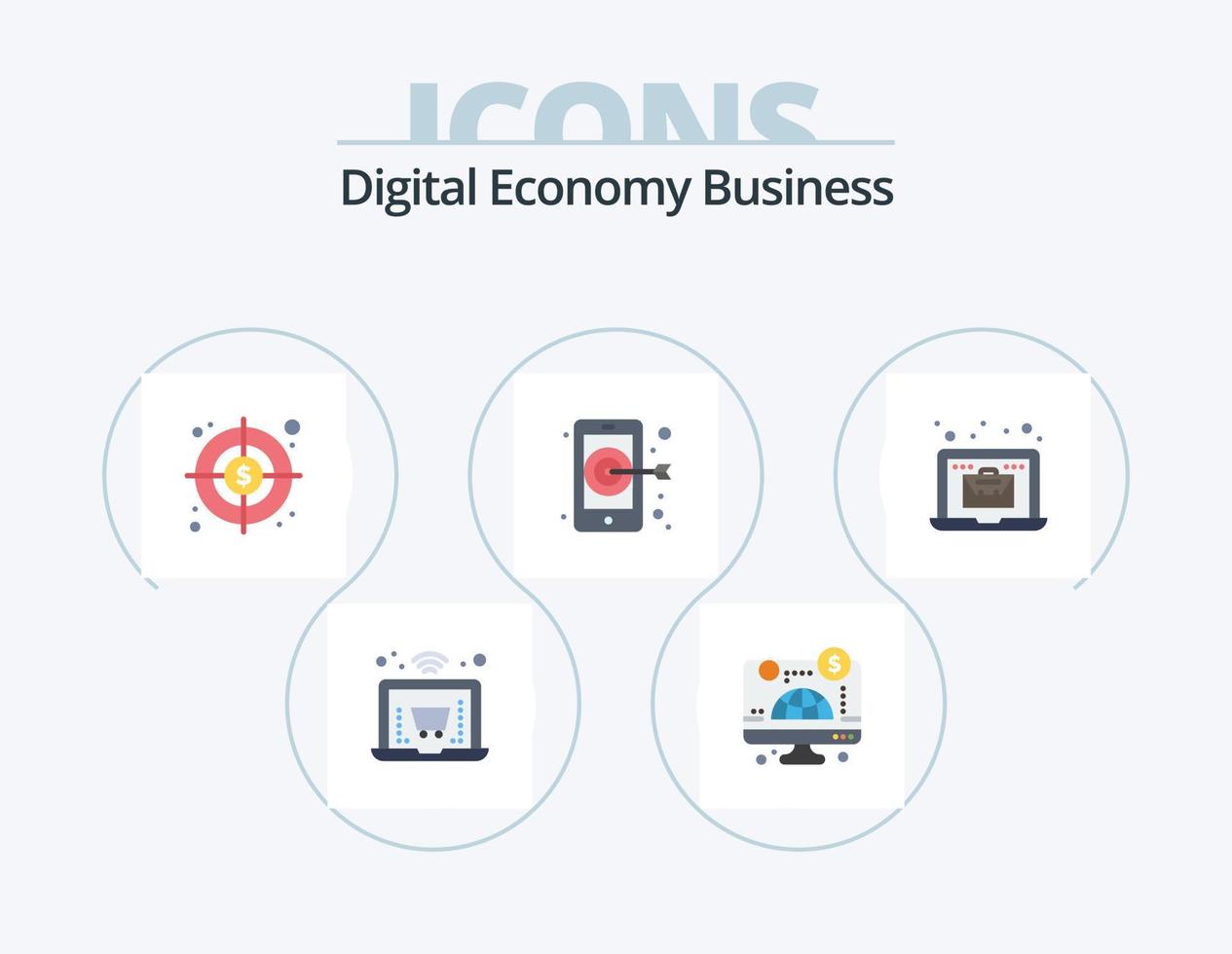 paquete de iconos planos de negocios de economía digital 5 diseño de iconos. . bolsa. objetivo. computadora portátil. teléfono inteligente vector