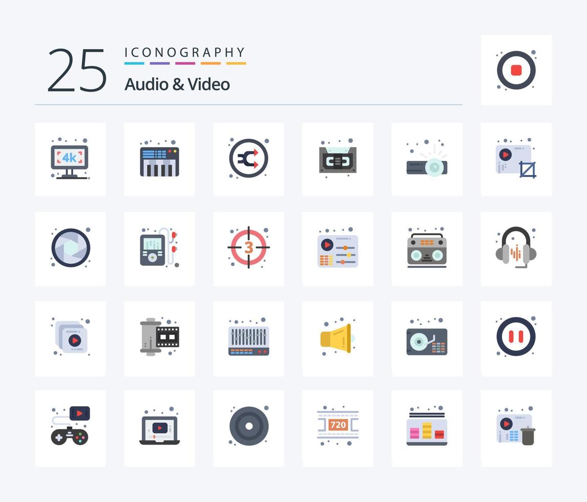 paquete de iconos de audio y video de 25 colores planos que incluye presentación. grabadora. mezcla. música. audio vector