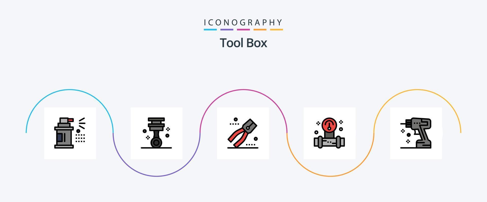 Tools Line Filled Flat 5 Icon Pack Including drill. water. construction. tools. manometer vector