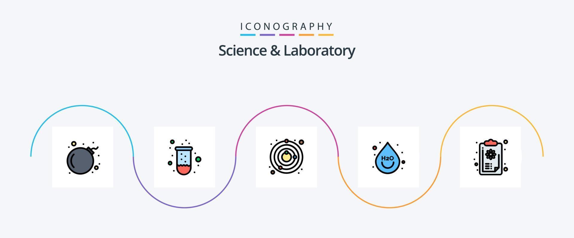 la línea de ciencia llenó el paquete de iconos planos 5 que incluye conocimiento. portapapeles. satélite. agua. beber vector