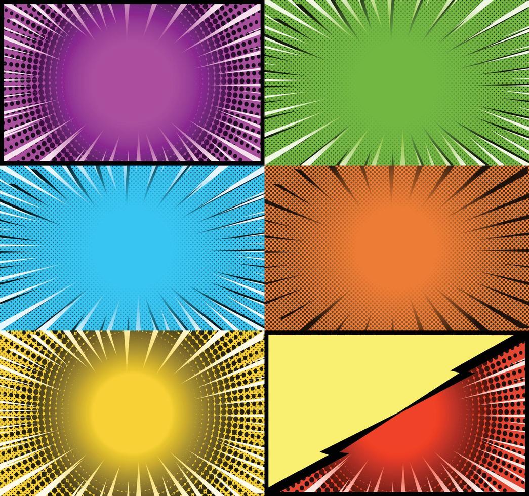 Comic book colorful frames background with halftone rays radial and dotted effects pop art style vector