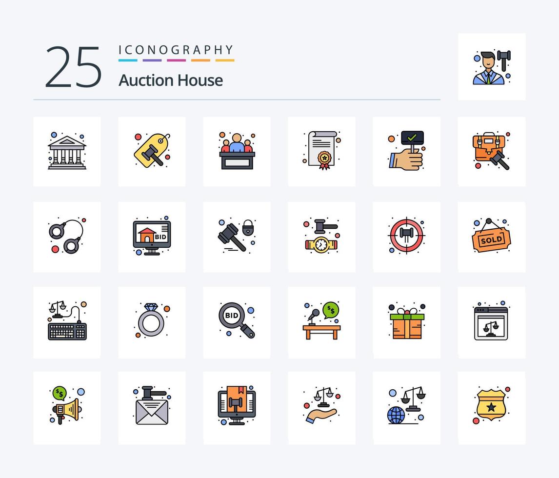 Auction 25 Line Filled icon pack including compete. checked. tag. diploma. certification vector