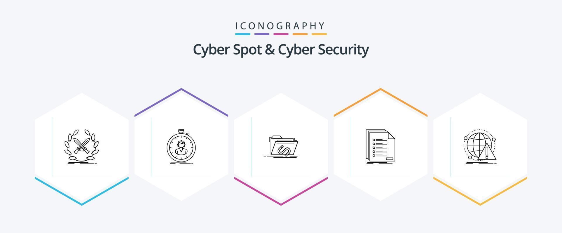 Cyber Spot And Cyber Security 25 Line icon pack including list. check. timer. software. file vector