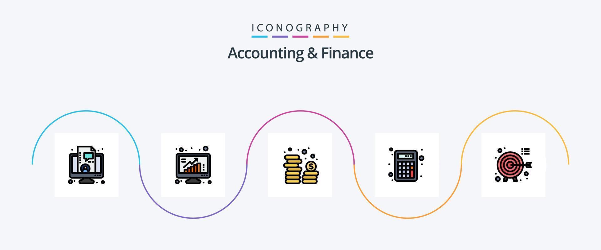 la línea de contabilidad y finanzas llenó el paquete de iconos planos 5 que incluye dardos. matemáticas. datos. calculadora. divisa vector