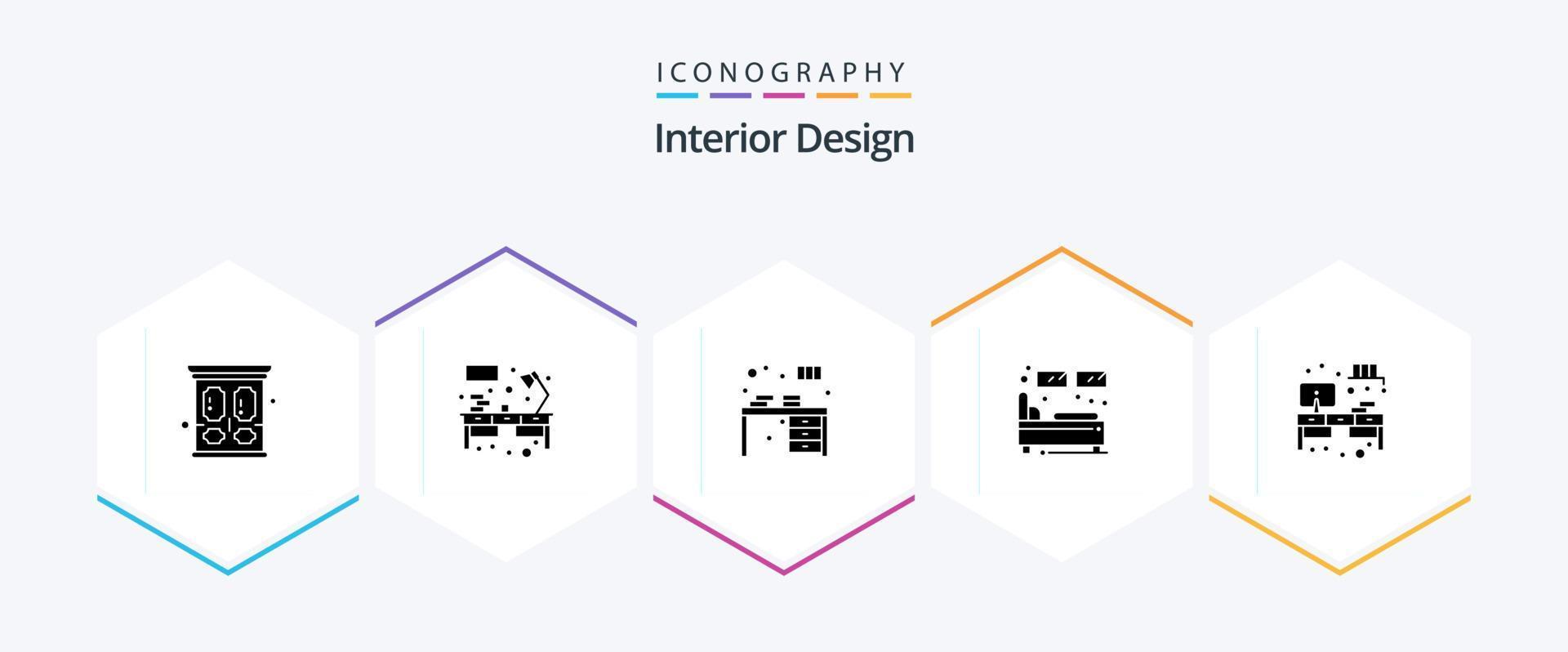 paquete de iconos de 25 glifos de diseño de interiores que incluye marco. soltero. mesa. hotel. Decorar vector