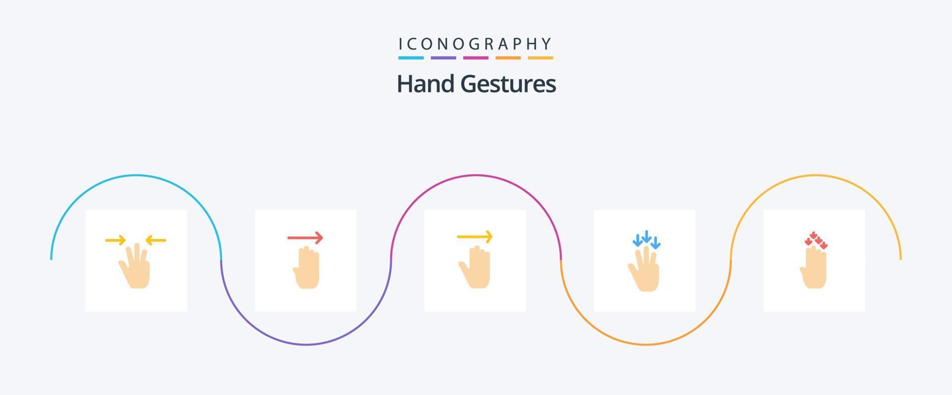 paquete de iconos planos de 5 gestos con las manos que incluye cuatro. gestos mano. flecha. dedo vector