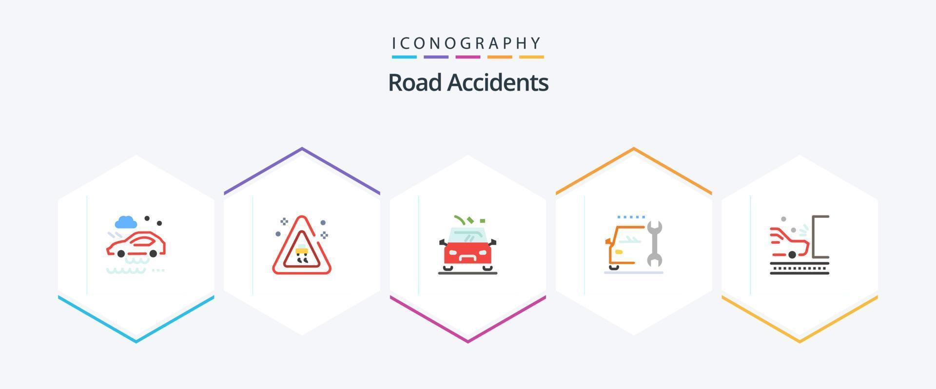 accidentes de tráfico 25 paquete de iconos planos que incluye carretera. accidente. peligro. servicio. mantenimiento vector