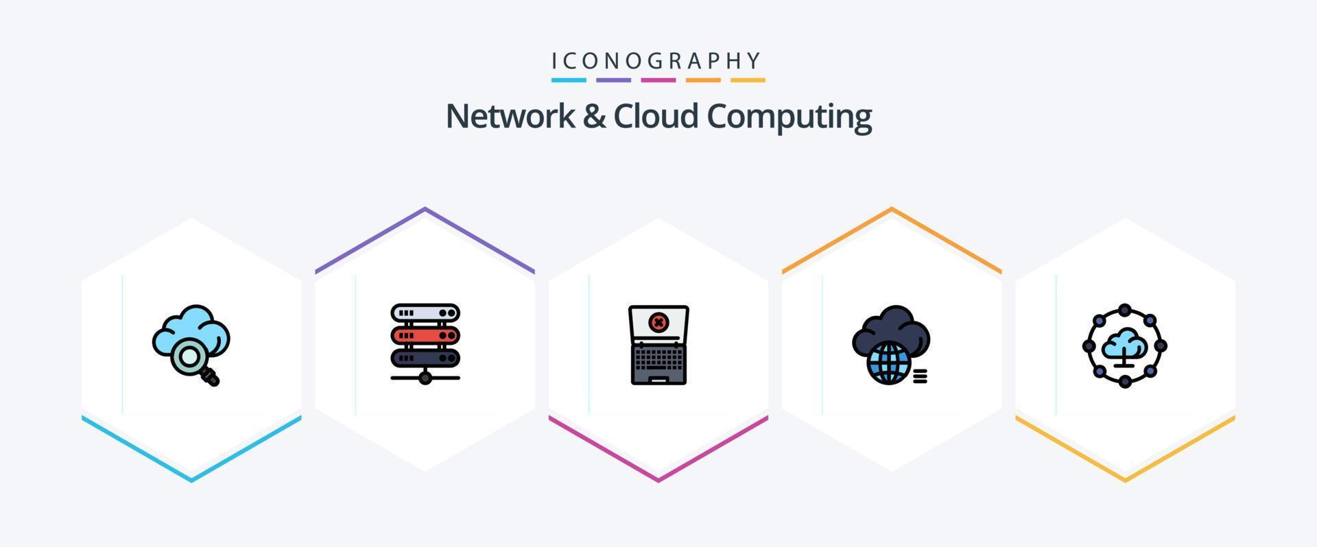 Network And Cloud Computing 25 FilledLine icon pack including share. cloud computing. computing. technology. light vector