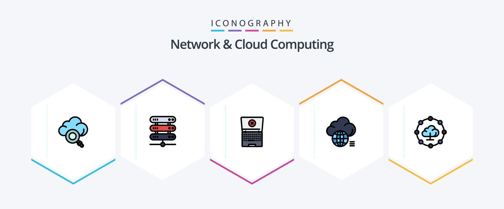 paquete de iconos de 25 líneas completas de red y computación en la nube que incluye compartir. computación en la nube. informática. tecnología. luz vector